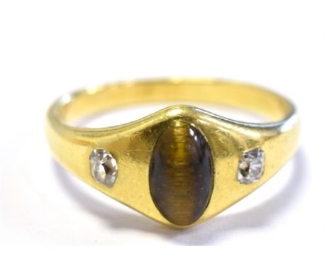 18CT GOLD TIGERS EYE &amp; OLD CUT DIAMOND  ring, with central rub over set tigers eye cabochon showing very good chatoyancy,