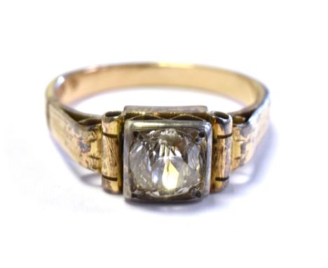 OLD CUT DIAMOND SOLITAIRE RING Mounted in 14ct gold, polish hallmarked, with white gold, box grain set old European cut diamo