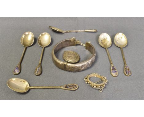 SILVER JEWELLERY &amp; TEASPOONS including an engraved bangle, hallmarked Chester 1955, an oval engraved locket, hallmarked B