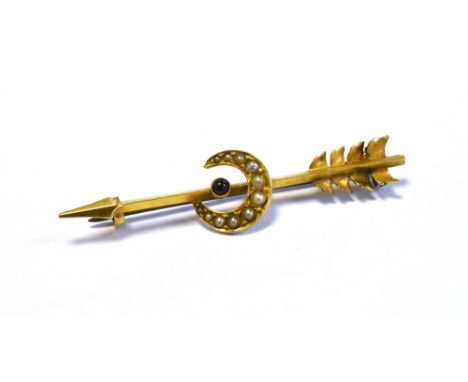 ANTIQUE 15CT GOLD ARROW &amp; CRESCENT MOON bar brooch, set with seed pearls and a garnet cabochon, on wire pin and C hook cl