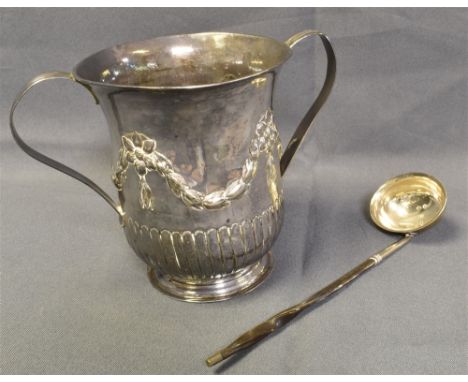GEORGIAN SILVER CHALICE &amp; LADLE chalice standing 11.4cm tall, decorated with embossed floral and foliate swags, hallmarke