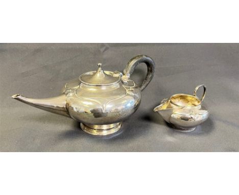 ART NOUVEAU SILVER TEAPOT &amp; JUG teapot stands 9.3cm tall with lightly hammered finish decorated with embossed trefoil and