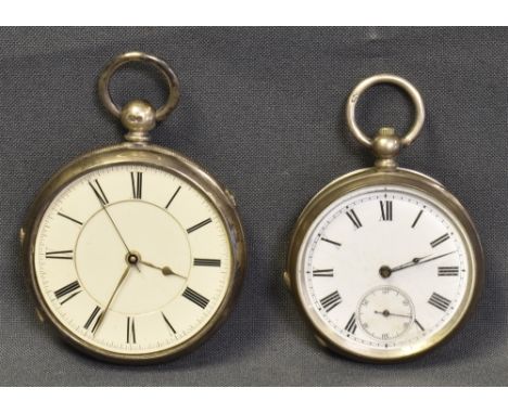 TWO SILVER OPEN FACE POCKET WATCHES One 47.3mm with seconds sub dial, key wind, case number 14469, engine turned dust cover w