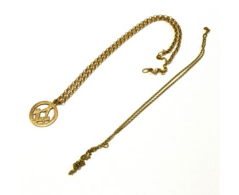 9CT GOLD CHAINS &amp; MASONIC PENDANT One 45cm long x 3.4mm wide, belcher link chain with attached square and compass Masonic
