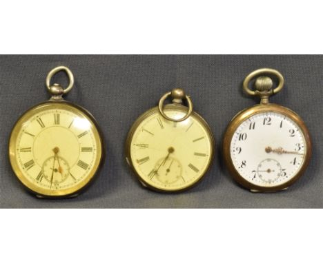ANTIQUE SILVER OPEN FACE POCKET WATCHES Two with Swiss hallmarks, both with seconds sub-dials and gold hands.  Weight 169.3 g