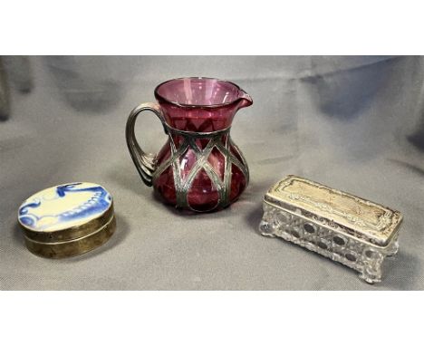 SILVER MOUNTED TRINKET POTS &amp; JUG handblown in cranberry glass and decorated in textured silver lattice work with reeded 