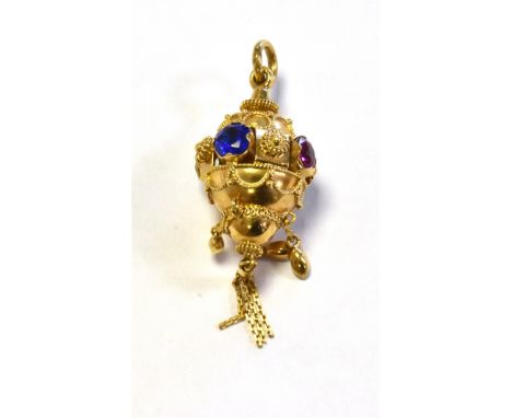GOLD &amp; GEM SET PENDANT 4.0cm long x 16.0mm wide, Thurible motif pendant set with synthetic ruby, sapphire and colourless 