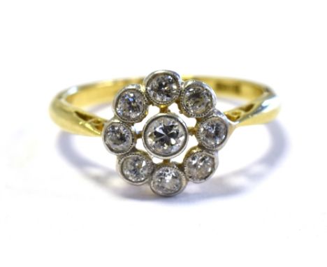EDWARDIAN 18CT &amp; OLD CUT DIAMOND RING 9.2mm mille grain set floral cluster, mounted in platinum and set with old cut diam