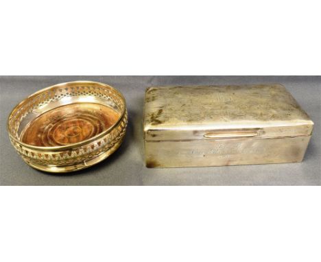 ANTIQUE STERLING SILVER ITEMS To include a cedar wood lined cigarette box, hallmarked London 1869? Also a wine coaster with f