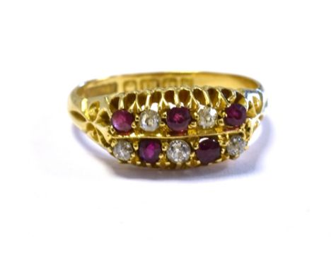 EDWARDIAN 18CT RUBY &amp; DIAMOND RING 7.7mm wide head with two rows of grain and belcher claw set old Swiss cut diamonds, es