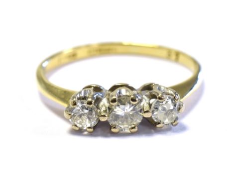 18CT THREE STONE OLD CUT DIAMOND RING platinum claw set with old cut diamonds, reported to total 0.37 carats, ring size I, ha