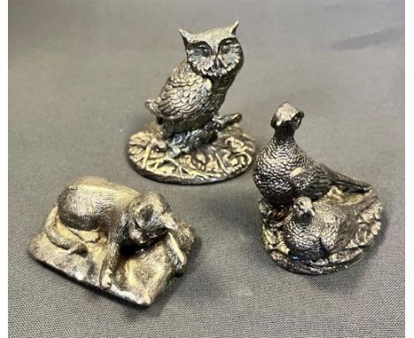 SILVER FIGURINES BY CAMELOT SILVERWARE Depicting an owl, cat at play and a cock and hen pheasant, Hallmarked Sheffield 1998 &