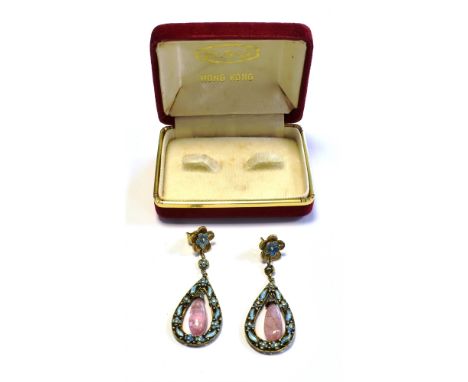 SILVER GILT &amp; ENAMEL EARRINGS 5.8cm long x 20.6mm wide, of pendaloque style decorated with floral and foliate enamel moti