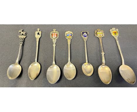 SILVER SOUVENIR TEASPOONS vairously marked with enamel terminals depciting German towns.  Total weight 64.4 grams.