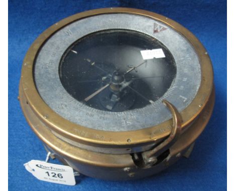Brass ship's compass with steel chapter ring, marked: 'Type P4' number 01326, 18cm diameter.(B.P. 24% incl. VAT)