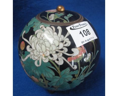 Japanese Cloisonne enamel spherical lidded jar and cover, overall decorated with chrysanthemums on a blue/black ground, on th