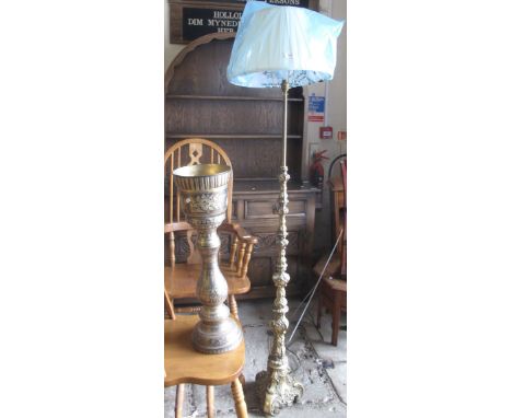 Modern brass standard lamp and fabric shade, together with an engraved brass jardiniere on stand. (2)(B.P. 24% incl. VAT)