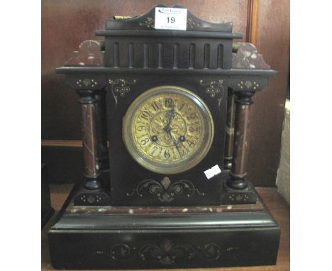 Late 19th Century black slate and marble two train, architectural mantel clock.  35cm high.(B.P. 24% incl. VAT)  