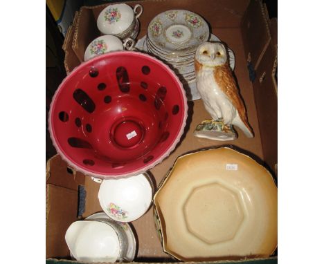 Box of assorted teaware, principally 'Gainsborough' Queen Anne bone china, together with Beswick china barn owl, Royal Falcon