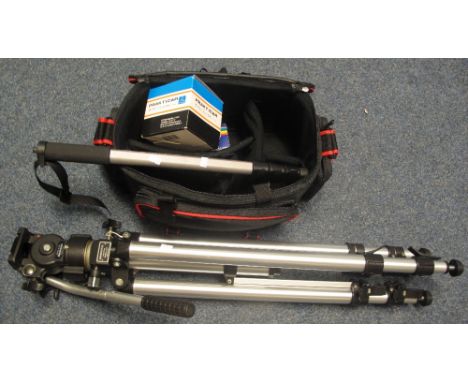 Nylon photographer's bag, Prakticar 35-70mm bayonet fixing zoom lens in original box, camera telescopic monoped and a Manfrot