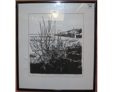 Arthur Lewis, 'Freshwater East', limited edition lino cut print, 25/150, signed in pencil.  35 x 30cm approx. Framed and glaz