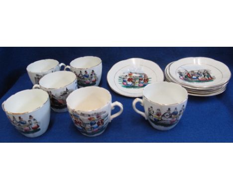 19th Century Staffordshire Pottery 'Welsh Costumes' tea set, six cups and six saucers.(B.P. 24% incl. VAT)