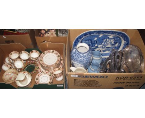 Box of assorted silver plated items, blue and white and other china, jugs, vase, meat dish etc. Together with further box con