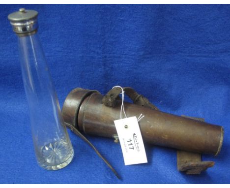 Glass flask with plated white metal top in military style conical leather saddle case.(B.P. 24% incl. VAT)