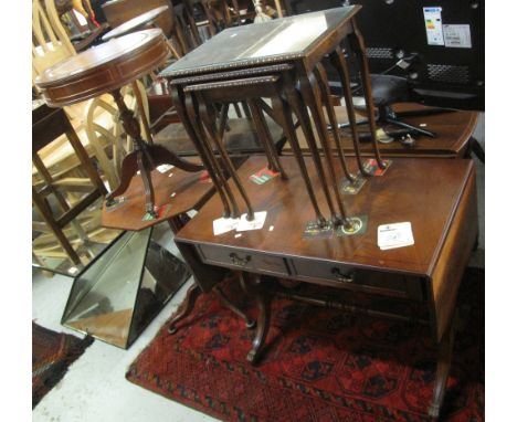 Reproduction mahogany table together with a reproduction nest of three tables, reproduction drum table with leather inset top