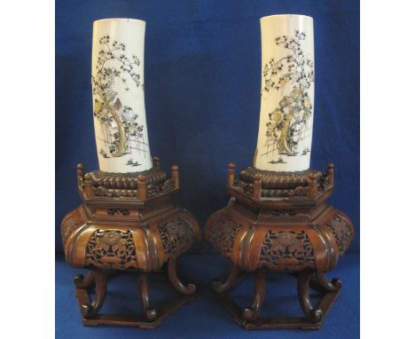 Pair of Japanese ivory Shibayama decorated tusk vases, overall with mother-of-pearl and other decoration in the form of birds