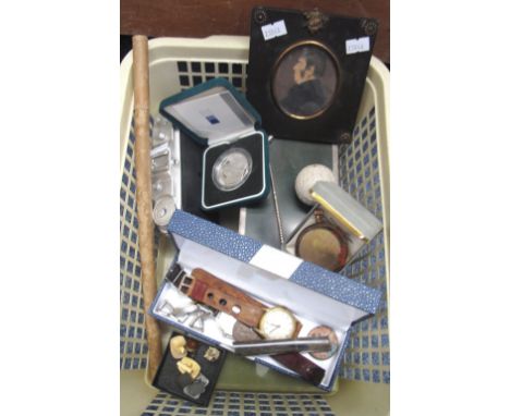 Collection of silver and costume jewellery including a silver proof crown, two boxes, a camera and a 19th Century portrait mi