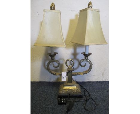 Two branch, gilded finish, scroll design table lamp with shades, on square base.(B.P. 24% incl. VAT)