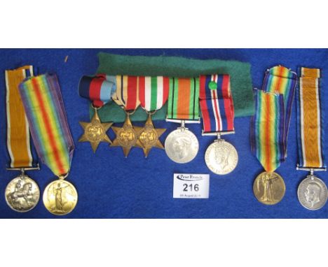 Two First World War medal duos and a Second World War five medal group.  Sergeant J. Davies, Army Service Corps and C.P. Lewi