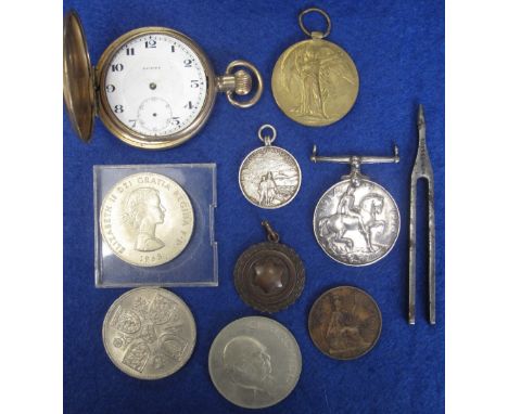 Gold plated full Hunter pocket watch, two World War One medals, commemorative crown and a tuning fork.(B.P. 24% incl. VAT)