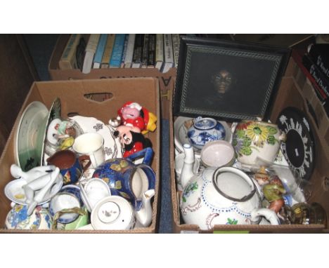 Two boxes of assorted china and glass etc. including ornaments, jugs, coffee pots, large teapot, plates, figures etc.(B.P. 24