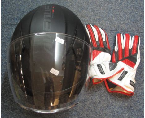 M.T Helmets black open faced helmet with flip visor and drop down sun visor. Together with a pair red, white and black leathe