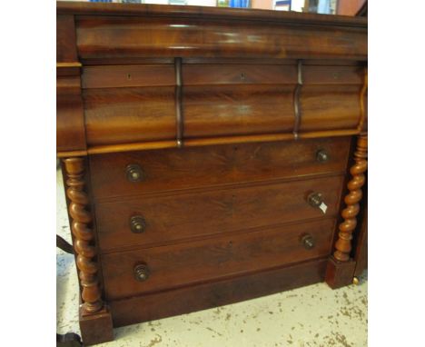 Victorian mahogany straight fronted Scotch chest, having blind cushion frieze drawer over three deep moulded drawers with thr