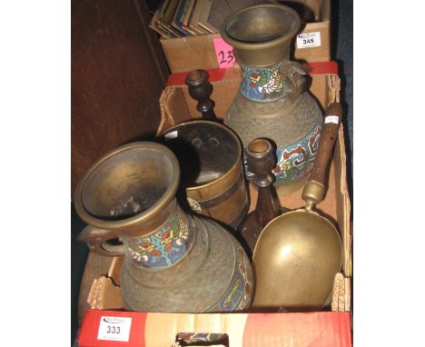 Pair of Oriental baluster shaped Champlevé enamel vases, pair of wooden candlesticks, brass scoop and a brass jardiniere on p