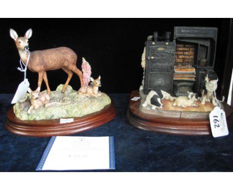 Two Border Fine Arts ceramic sculptures, KH62 'In From the Cold', on a wooden base and 'In a Sunny Glade', BO255, on a wooden