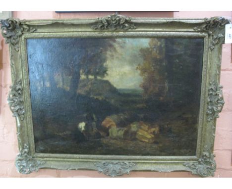 British School, (19th Century, manner of Christopher Williams), 'The Wood Cutter', oils on canvas, 50 x 71cm approx., sketche