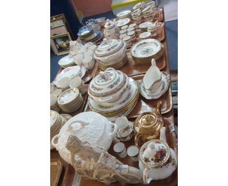 Four trays of Coalport 'Ming Rose' design bone china tea, coffee and dinnerware including: 8 teacups and saucers with side pl