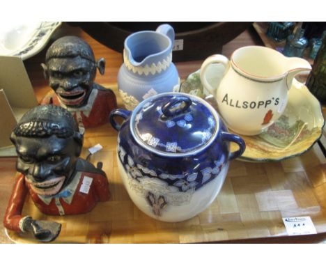Tray of assorted china and other items to include Royal Doulton dish, Royal Cauldon pub jug, Dudson jasper jug, renaissance w