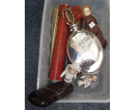 Three porcelain tea cosy type miniature dolls, a small porcelain doll, a cased ivory fan, a child's rattle/whistle and a silv