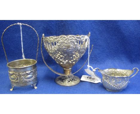 Silver sugar basket, miniature silver sucrier and a white metal basket.(B.P. 24% incl. VAT)