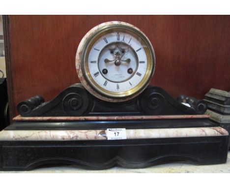 Large 19th Century black and veined marble drum head mantel clock, having two train movement with exposed dead beat escapemen