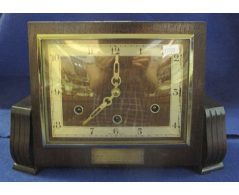 Mid Century oak Art Deco design three train mantle clock, 22cm high.(B.P. 24% incl. VAT)  