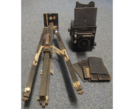 Thornton Picard Junior special studio plate camera with black leather finish, various slides and ebonised wooden tripod.(B.P.