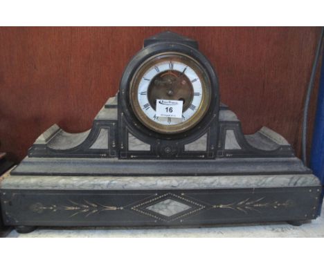 Late Victorian black slate and veined marble two train drum head mantel clock  with white enamel Roman chapter ring around ex