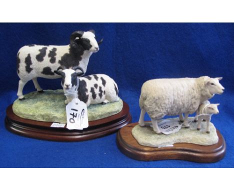 Border Fine Arts ceramic group 'Texel Ewe and Lamb', no. 120, on wooden base, and another, pair of Jacob Sheep (two horned), 