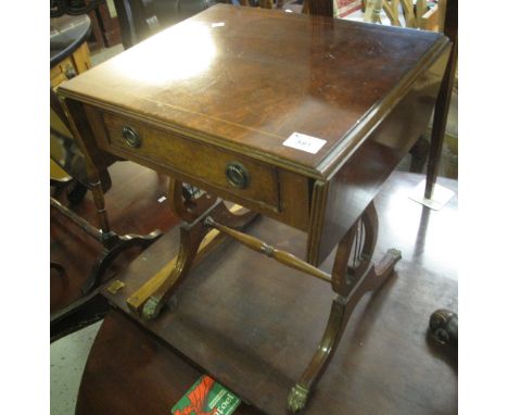 Reproduction walnut single drawer sofa type table with lyre ends. (B.P. 24% incl. VAT)